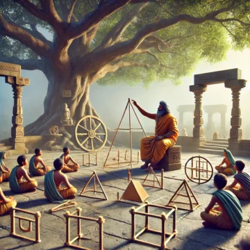 Vedic science, ancient India, geometry, education, traditional Indian architecture, scholars, students, outdoor learning, geometric principles, ancient Indian scholars, Vedic Science and Shapes