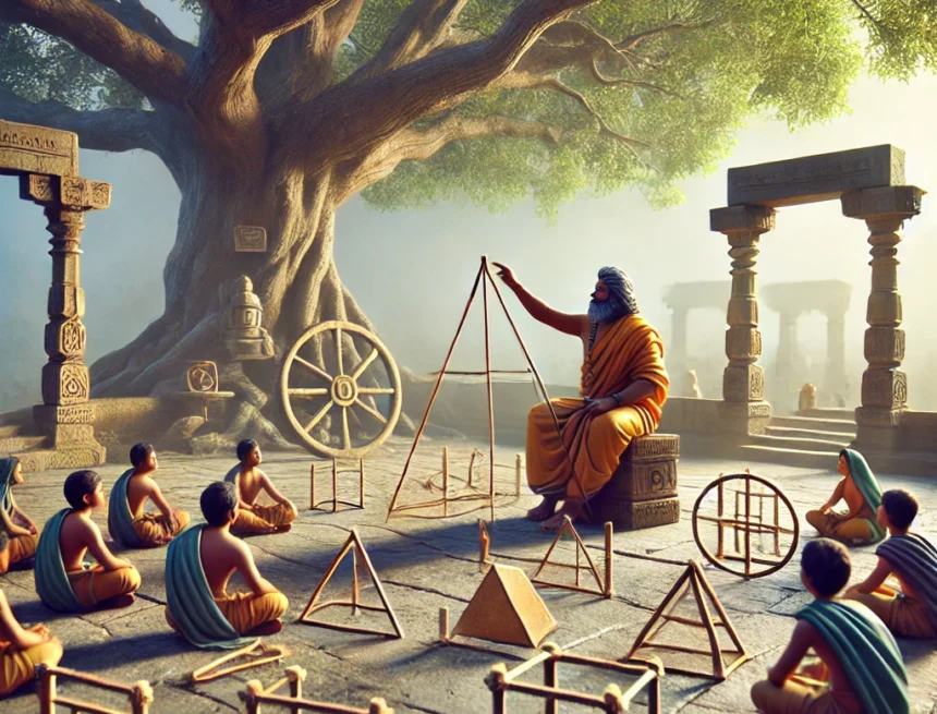 Digital_image_created_Understanding_Properties_of_Shapes_through_Vedic_Science Vedic science, ancient India, geometry, education, traditional Indian architecture, scholars, students, outdoor learning, geometric principles, ancient Indian scholars, Vedic Science and Shapes