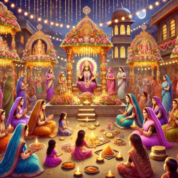 Hindu festival, female deities, traditional attire, religious ceremony, cultural celebration, vibrant gathering, floral decorations, Festivals and Celebrations