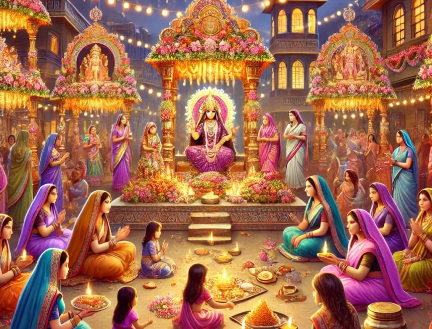 Digital_image_depicting_a_Hindu_festival_scene_celebrating_female_deities Hindu festival, female deities, traditional attire, religious ceremony, cultural celebration, vibrant gathering, floral decorations, Festivals and Celebrations