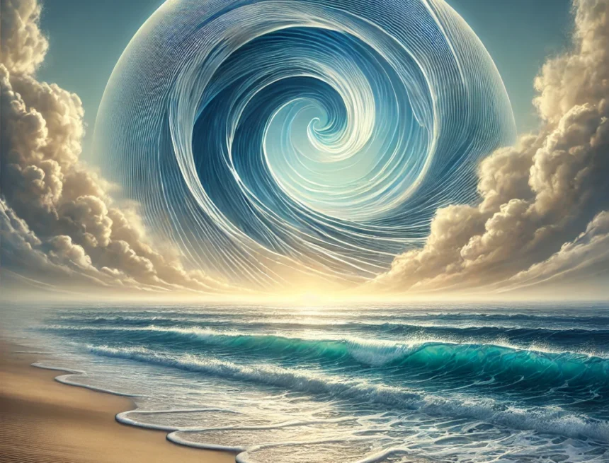 Digital_image_depicting_a_serene_and_vast_ocean_under_a_clear_sky ocean, tranquility, serene beach, vast sky, spiritual wisdom, philosophical teachings, gentle waves, sandy beach, clear sky, depth, continuity, Dattatreya and Guru Sindhu