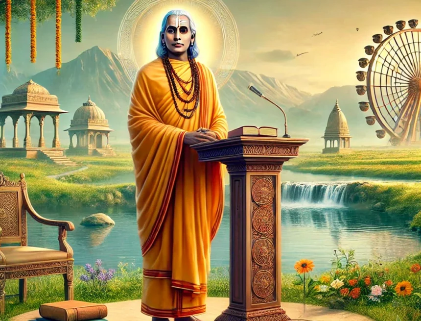 Swami Dayanand Saraswati, Arya Samaj, Vedic period, Indian landscape, traditional Indian attire, serene landscape, spiritual leader, Indian reformer, historical figure, peaceful setting