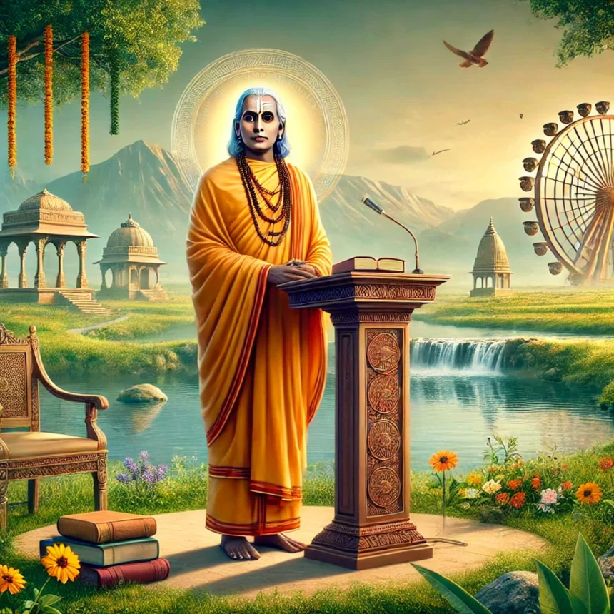 Swami Dayanand Saraswati, Arya Samaj, Vedic period, Indian landscape, traditional Indian attire, serene landscape, spiritual leader, Indian reformer, historical figure, peaceful setting