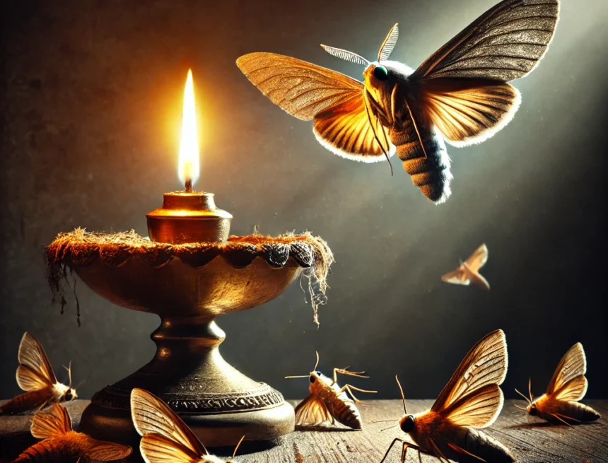 Image_with_the_diya_(oil_lamp)_placed_at_a_height,_moth_being_irresistibly_drawn_to_the_diya moth, diya, flame, attraction, night, fatal attraction, oil lamp, danger, nature, temptation, Dattatreya and Guru Patang