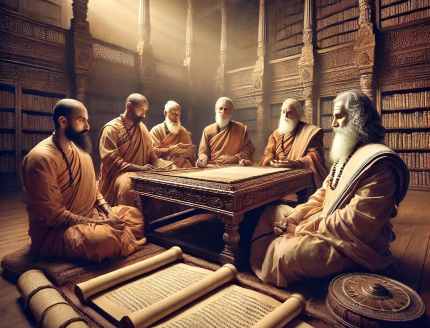 Manusmriti_and_Cosmology_Exploring_Ancient_Wisdom ancient Indian scholars, traditional attire, studying, Manusmriti, carved wooden table, scrolls, manuscripts, Indian library, ancient books, ambient lighting, philosophical discussions, Vedic literature