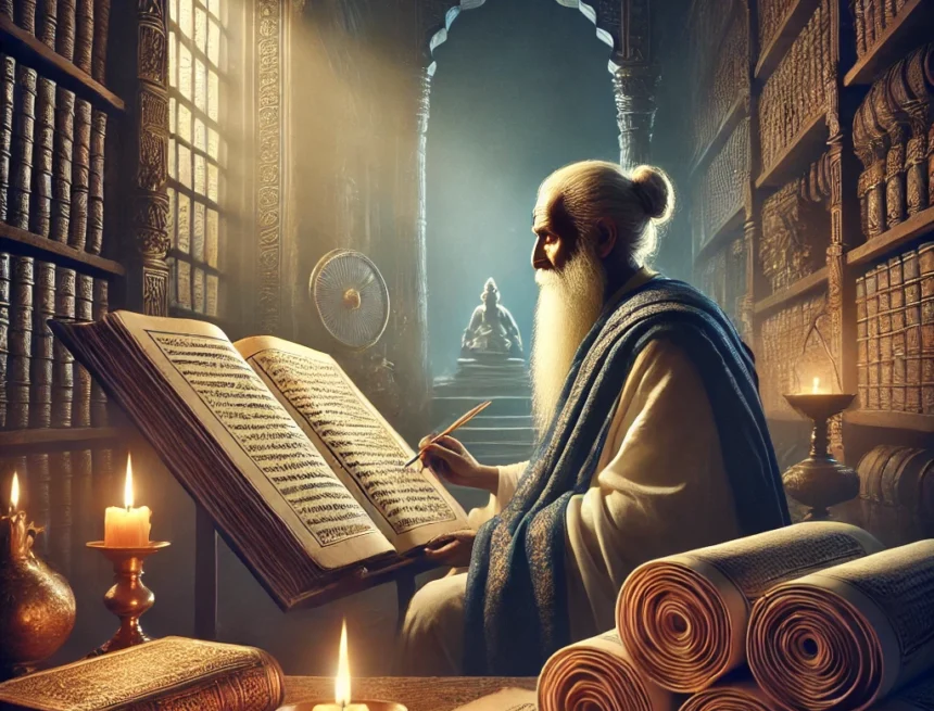 Scholarly_scene_elderly_Indian_scholar_dressed_in_Vedic_attire_engrossed_in_reading_a_large_open_manuscript ancient Indian scholarship, serene library, Vedic attire, historical depth, scholarly study, Manusmriti Criticism
