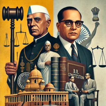 Jawaharlal Nehru, B.R. Ambedkar, Indian leaders, political icons, Nehru with hammer, Ambedkar with book, historical figures, India's freedom movement, constitution, social justice, Ambedkar's Buddhist Political Move, Ambedkar's Buddhist Political Move