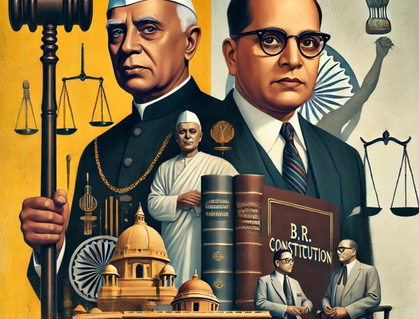created_digital_image_Nehru_on_one_side_with_a_hammer_symbolizing_his_authority_in_India_and_on_other_side_Ambedkar Jawaharlal Nehru, B.R. Ambedkar, Indian leaders, political icons, Nehru with hammer, Ambedkar with book, historical figures, India's freedom movement, constitution, social justice, Ambedkar's Buddhist Political Move, Ambedkar's Buddhist Political Move