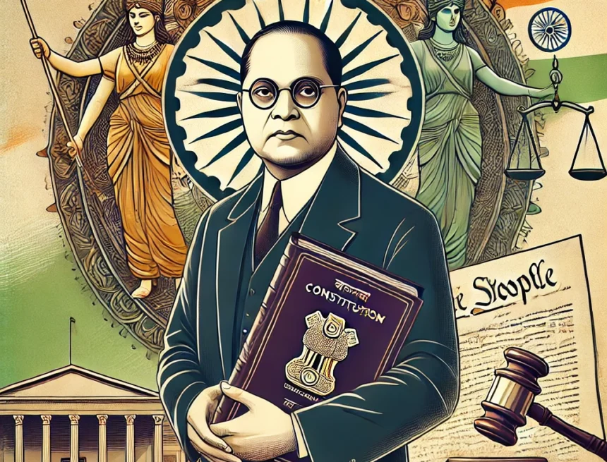 digital_Dr_BR_Ambedkar_holding_the_Constitution__against_with_elements__Ashoka_Chakra__references_to_the_Manusmriti,_symbolizing_the_historical_and_justice-oriented Ambedkar, Indian Constitution, Manusmriti, Social Justice, Equality, Indian History, Caste System, Legal Reforms, Justice, Hinduism, Ambedkar's criticism and Manusmriti, Ambedkar's Criticism and the Manusmriti: Insights and Impact