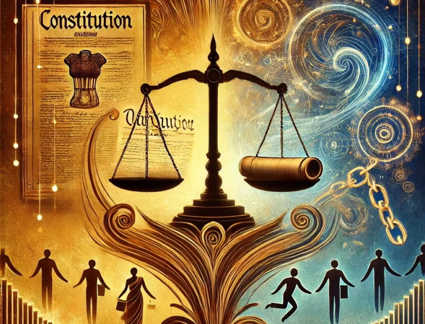 digital_artwork_symbolizing_the_complexities_of_Ambedkar's_critique_of_the_Manusmriti_balancing_the_ancient_text_with_the_modern_ideals Ambedkar, Manusmriti, social reform, Indian Constitution, caste system, equality, justice, Hinduism, societal change, tradition vs modernity, Ambedkar's criticism of Manusmriti