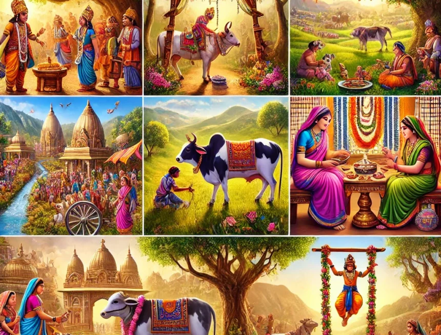 Krishna, Gopashtami, Jhulan Yatra, Nandotsav, Hindu festivals, Indian culture, traditional dress, rural India, celebration, devotion