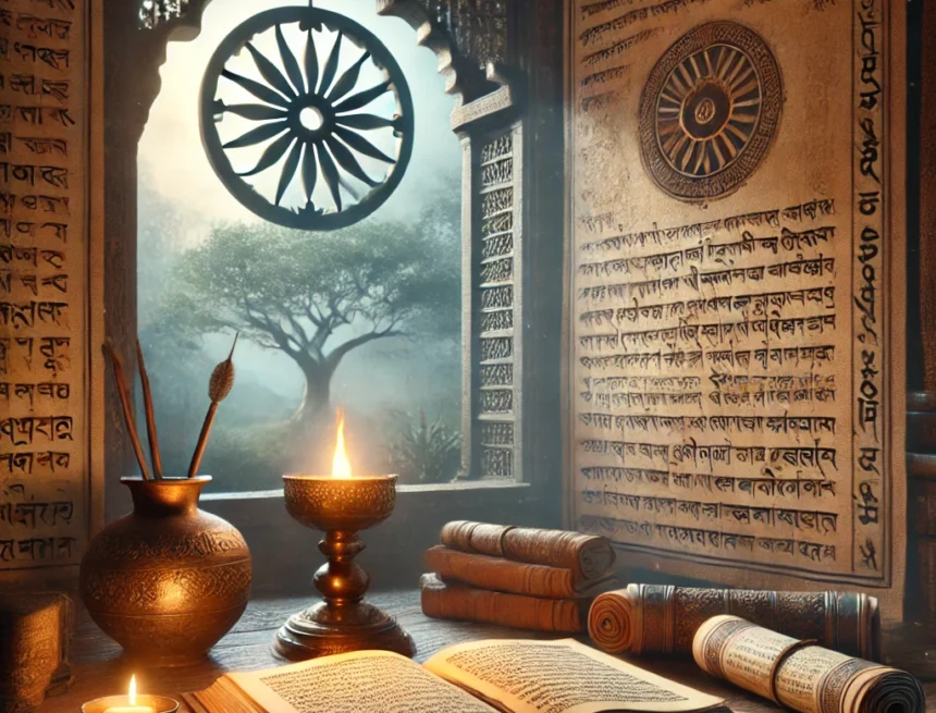 vedic literature, ancient manuscripts, scholarly environment, serene study, traditional desk, manusmriti