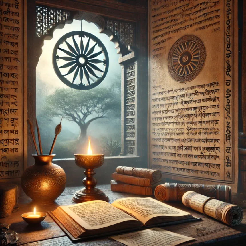 vedic literature, ancient manuscripts, scholarly environment, serene study, traditional desk, manusmriti