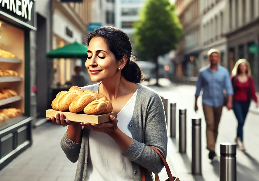city life, bakery aroma, Indian woman, street scene, fresh bread, urban morning, pedestrian life, sensory experience, culinary delight, surprise moment, Yoga Sutras’ Pramana Vritti