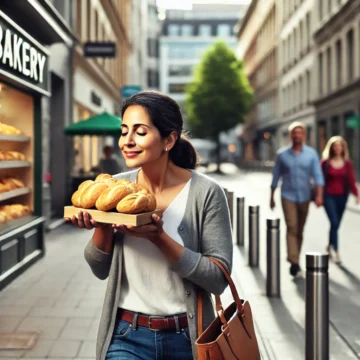 city life, bakery aroma, Indian woman, street scene, fresh bread, urban morning, pedestrian life, sensory experience, culinary delight, surprise moment, Yoga Sutras’ Pramana Vritti
