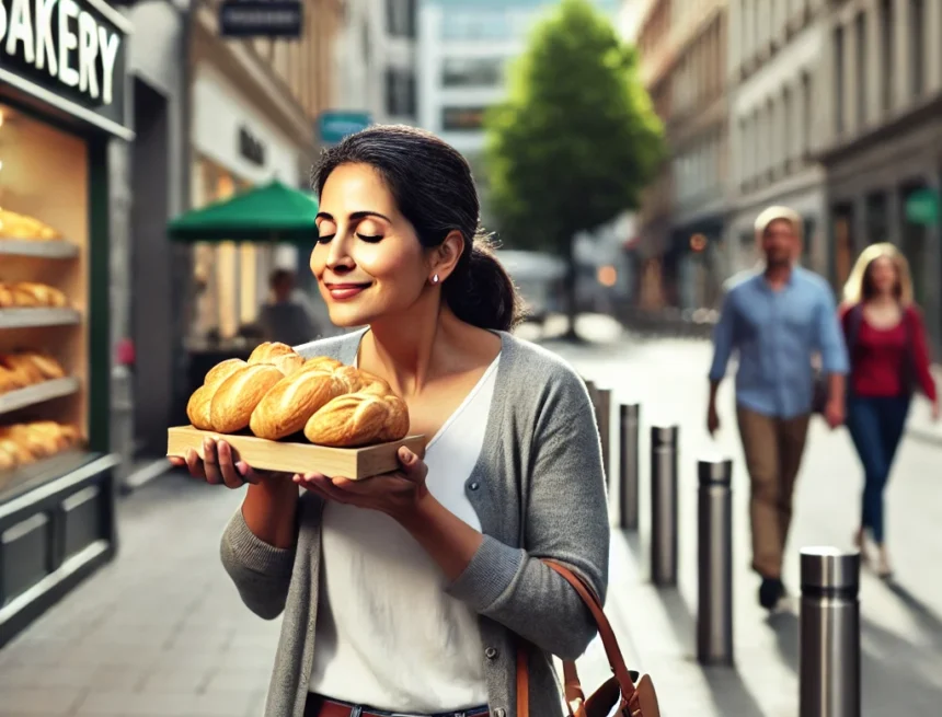 city life, bakery aroma, Indian woman, street scene, fresh bread, urban morning, pedestrian life, sensory experience, culinary delight, surprise moment, Yoga Sutras’ Pramana Vritti