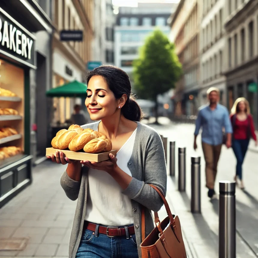 city life, bakery aroma, Indian woman, street scene, fresh bread, urban morning, pedestrian life, sensory experience, culinary delight, surprise moment, Yoga Sutras’ Pramana Vritti