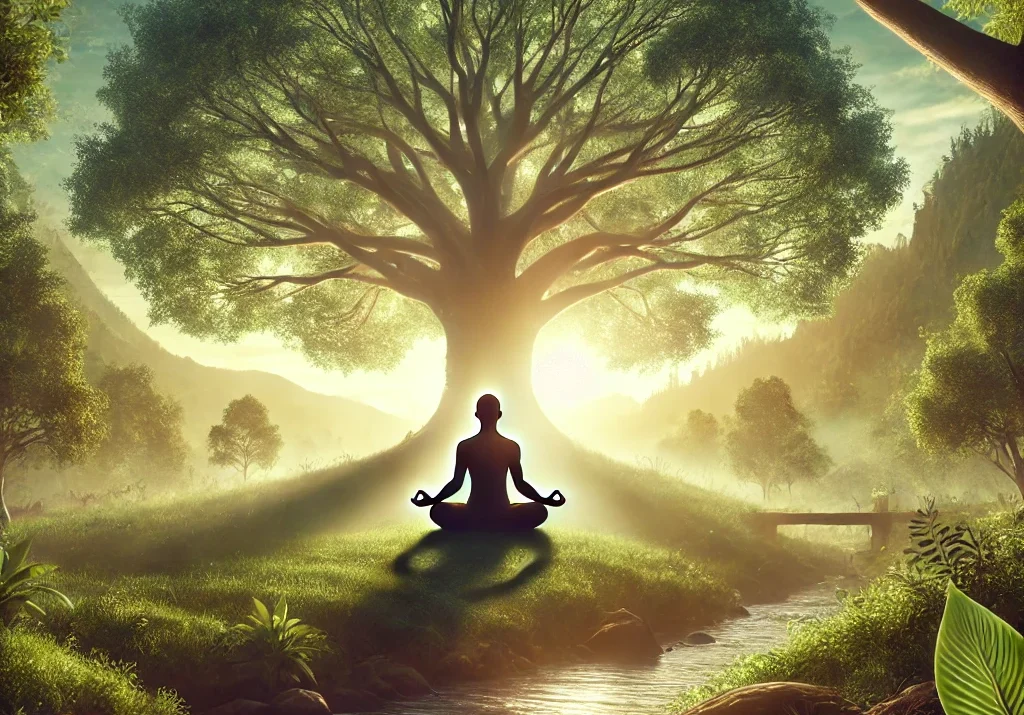 meditation, tranquility, enlightenment, Yoga Sutras, Patanjali, lotus position, ancient tree, serene landscape, mindfulness, spiritual practice, Yoga Sutras’ Vikalpa Vritti