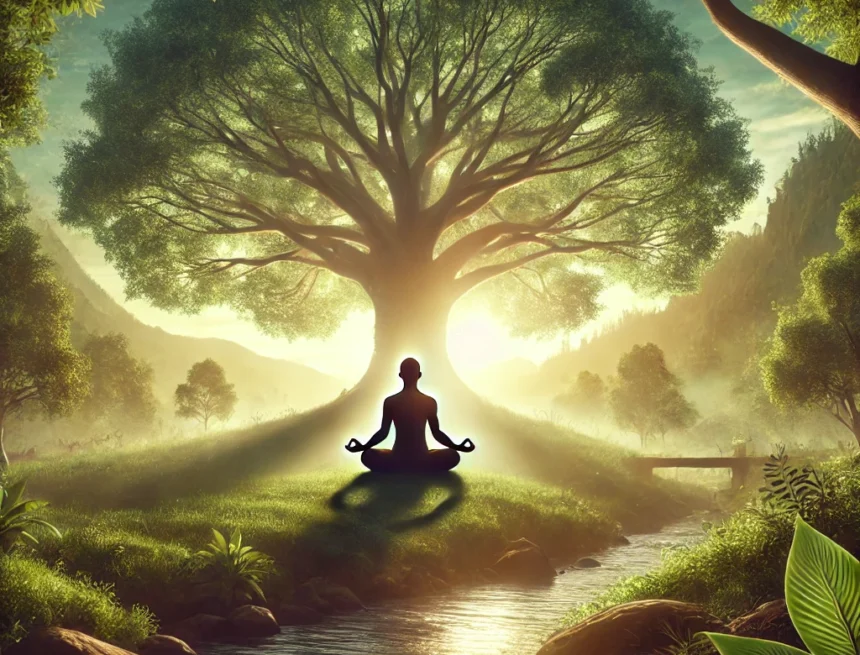 digital_image_created_depicting_an_individual_meditating_in_a_serene_and_tranquil_setting meditation, tranquility, enlightenment, Yoga Sutras, Patanjali, lotus position, ancient tree, serene landscape, mindfulness, spiritual practice, Yoga Sutras’ Vikalpa Vritti