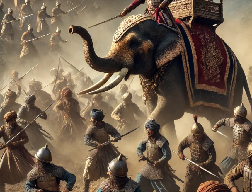 digital_image_depicting_Battle_of_Tughlaqabad,_with_Hemu_on_an_elephant_leading_his_against_Mughal_forces_commanded_by_young_Akbar Battle of Tughlaqabad, Hemu, Akbar, Mughal Empire, Indian history, elephant warfare, historical battle, 16th-century India, military armor, ancient warfare, Akbar & Mughal Challenges