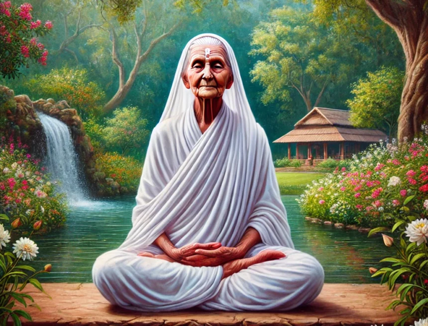 digital_image_depicting_Mirra_Alfassa,_known_as_The_Mother_in_a_serene_setting_at_the_Sri_Aurobindo_Ashram Mirra Alfassa, The Mother, Sri Aurobindo Ashram, meditation, spiritual leader, tranquil garden, serene portrait, contemplative, blooming flowers, peaceful pond