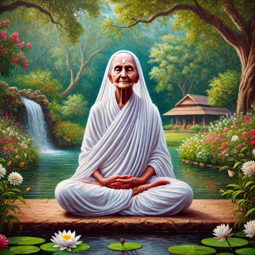 Mirra Alfassa, The Mother, Sri Aurobindo Ashram, meditation, spiritual leader, tranquil garden, serene portrait, contemplative, blooming flowers, peaceful pond