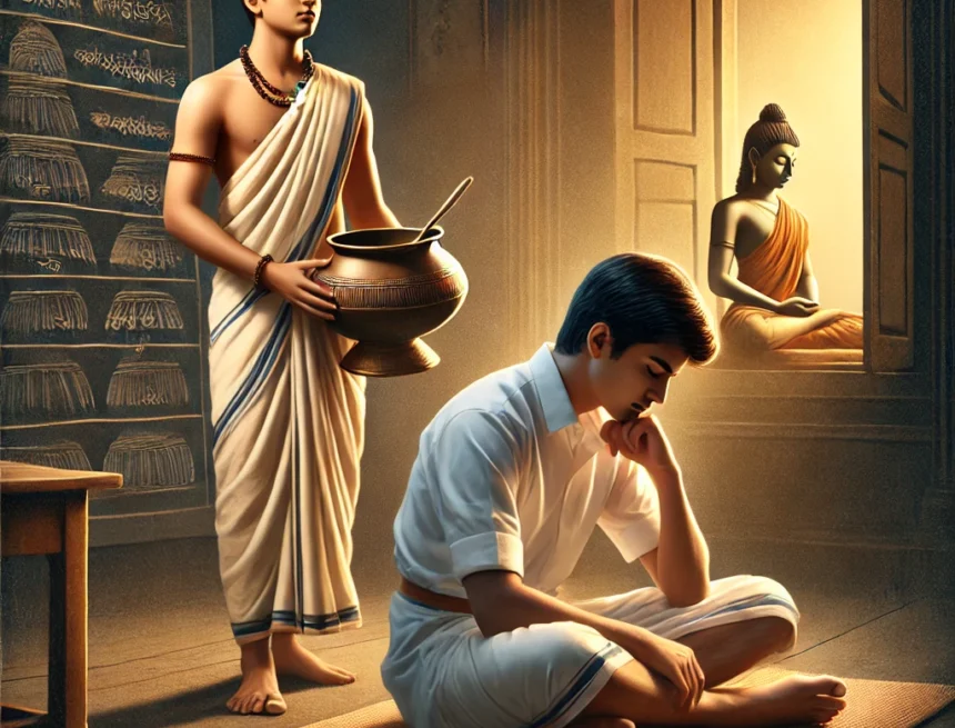 digital_image_depicting_a_serene_and_educational_scene_with_two_young_Indian_students_engaged_in_traditional_Vedic_learning Vedic learning, traditional education, Indian students, Gurukul, seeking alms, disciplined lifestyle, spiritual education, ancient Indian culture, student life, austerity, Manusmriti Life Stages Exploration