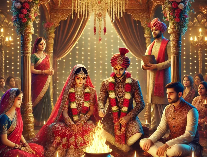 Indian wedding, sacred fire, bride and groom, traditional attire, wedding ceremony, cultural celebration, Manusmriti Women's Rights Insights