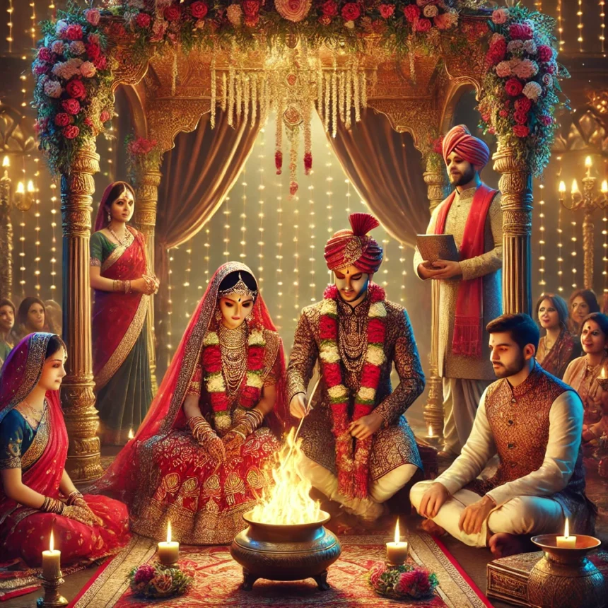 Indian wedding, sacred fire, bride and groom, traditional attire, wedding ceremony, cultural celebration, Manusmriti Women's Rights Insights