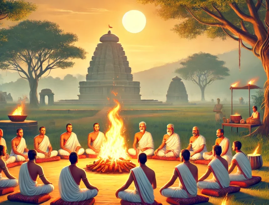 Vedic Yagna, Indian priests, sacred fire, spiritual ceremony, ancient Indian landscape, chanting mantras, traditional ritual, cultural heritage, serene atmosphere, spiritual gathering, Dayanand Saraswati