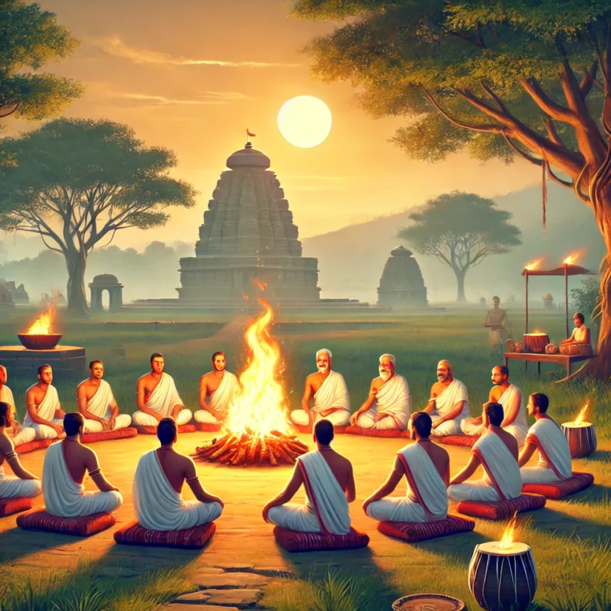 Vedic Yagna, Indian priests, sacred fire, spiritual ceremony, ancient Indian landscape, chanting mantras, traditional ritual, cultural heritage, serene atmosphere, spiritual gathering, Dayanand Saraswati