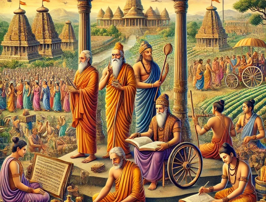 ancient India, varnas, Brahmins, Kshatriyas, Vaishyas, Shudras, societal roles, Manusmriti, Indian society, traditional marketplace, historical depiction, Manusmriti and Societal Framework