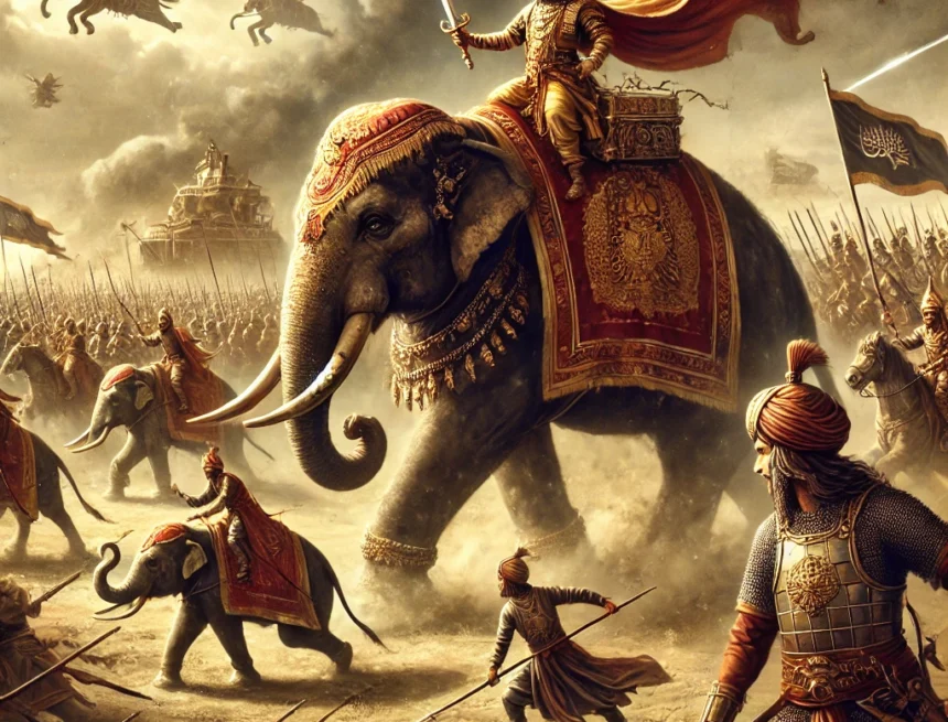Second Battle of Panipat, Hindu King Hemu, Emperor Akbar, Mughal forces, historical battle, war elephants, traditional military attire, Indian history, dramatic battlefield, stormy sky