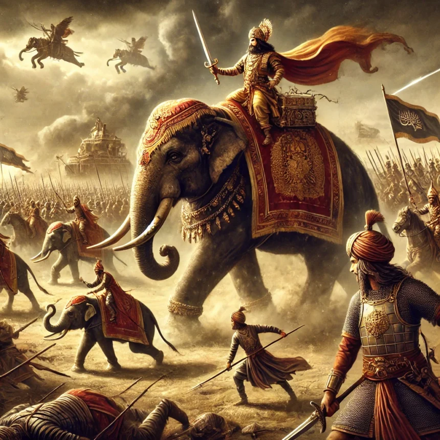 Second Battle of Panipat, Hindu King Hemu, Emperor Akbar, Mughal forces, historical battle, war elephants, traditional military attire, Indian history, dramatic battlefield, stormy sky