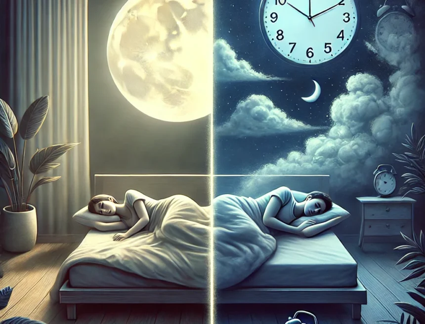 digital_image_depicting_the_concept_of_sleep,showing_the_stark_contrast_between_sound_sleep_and_disturbed_sleep sleep, rest, insomnia, relaxation, stress, bedroom, night, tranquility, disturbance, health, Yoga Sutras’ sleep vritti