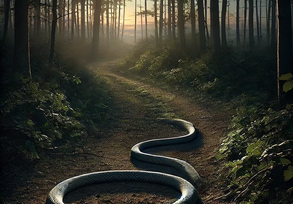 forest, twilight, mysterious, rope, snake illusion, shadowy, dim lighting, serenity, nature, visual ambiguity, Yoga Sutras’ Five Vrittis