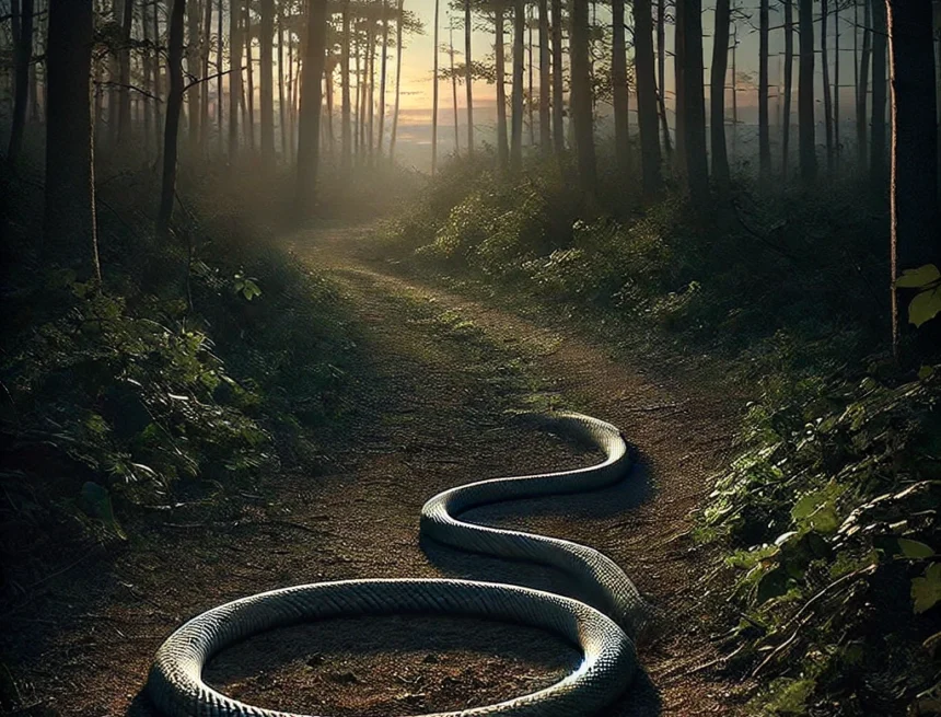 forest, twilight, mysterious, rope, snake illusion, shadowy, dim lighting, serenity, nature, visual ambiguity, Yoga Sutras’ Five Vrittis