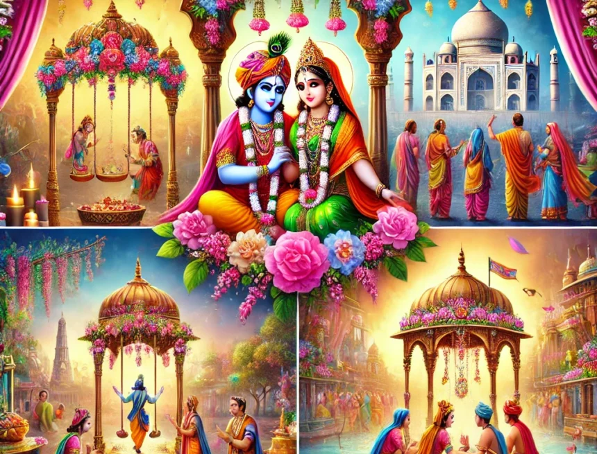 digital_image_depicts_vibrant_and_colorful_representation_of_Hindu_festivals_related_to_Radha_Rani Radha Rani, Hindu festivals, Radhashtami, Jhulan Yatra, Radha Kund, spiritual celebration, Indian culture, devotional practices, festival artwork, religious observance