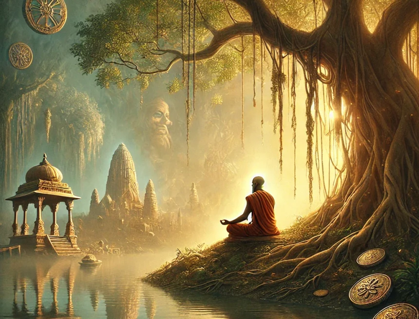 digital_image_encapsulate_the_essence_of_Dattatreya_Enlightenment_from_Pingla spirituality, enlightenment, detachment, Dattatreya's teachings, material transcendence, meditation, wisdom, Pingla's journey, inner peace, spiritual awakening, Dattatreya's Enlightenment from Pingla