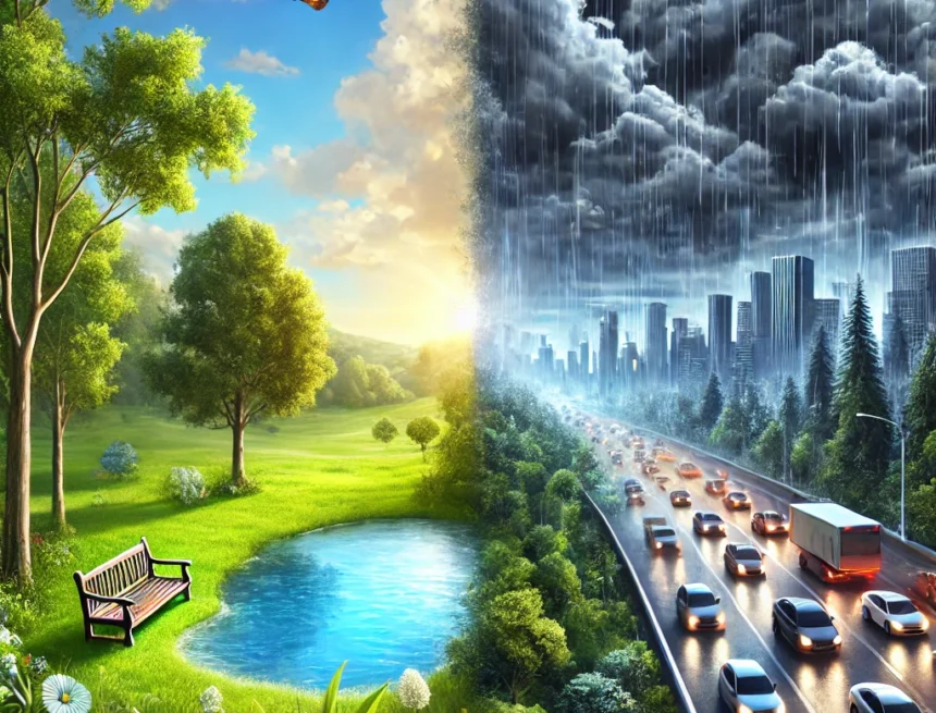 digital_image_has_been_created_to_visually_represent_the_concept_of_positive_and_negative_mental_states_contrasting_environments mental wellness, stress management, peace and chaos, serene garden, urban chaos, mental health visualization, positive thinking, negative thinking, tranquility vs turmoil, mindfulness illustration, Yoga and Vritti Types