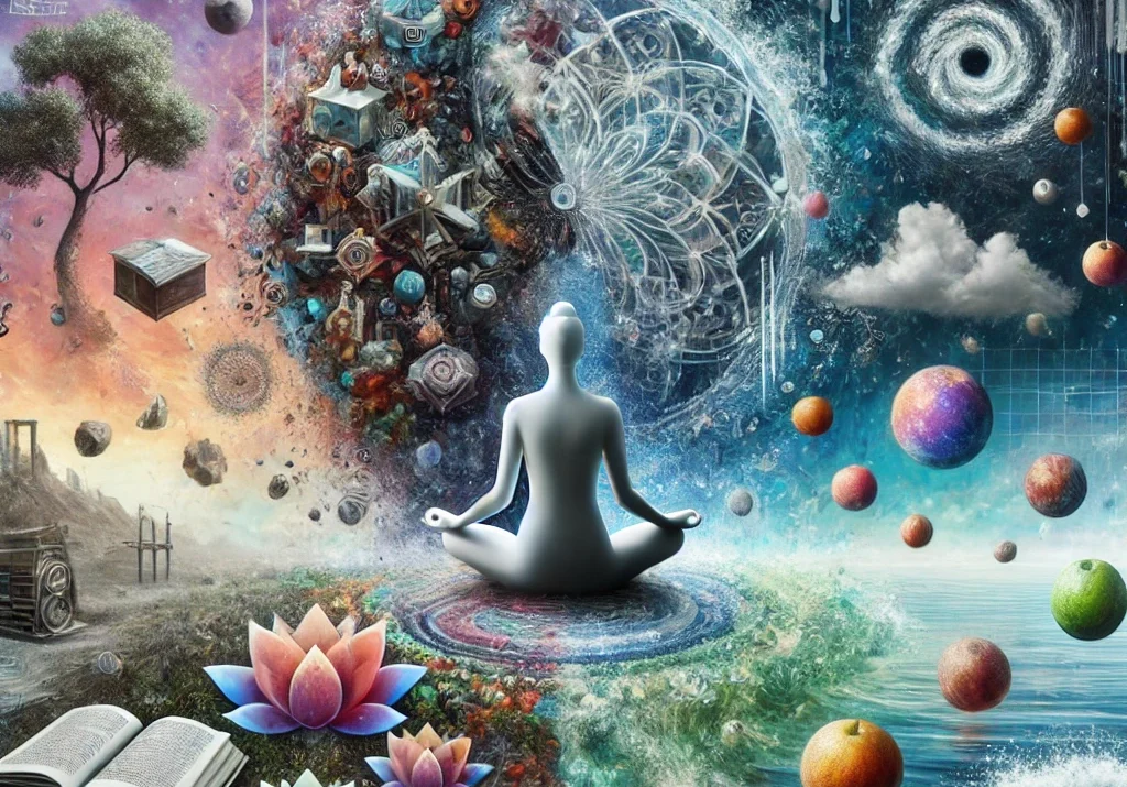 meditation, fact vs fiction, surreal art, cognitive clarity, Viparyaya Vritti, yoga philosophy, mindfulness, reality and illusion, spiritual growth, abstract art, Yoga Sutras’ Viparyaya Vritti