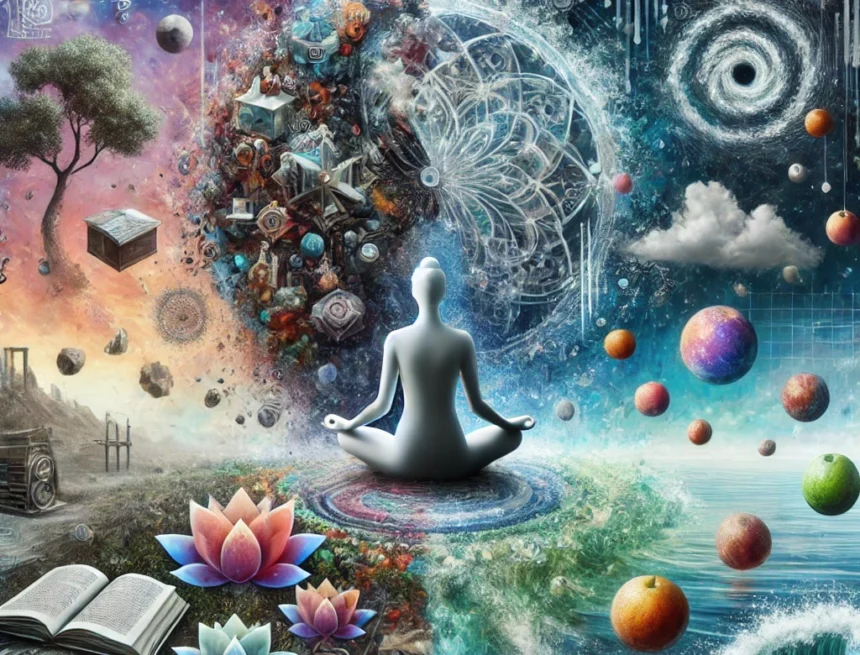digital_image_illustrates_the_blurred_boundary_between_fact_and_fiction_embodying_the_complexity_of_distinguishing_reality_from_illusion meditation, fact vs fiction, surreal art, cognitive clarity, Viparyaya Vritti, yoga philosophy, mindfulness, reality and illusion, spiritual growth, abstract art, Yoga Sutras’ Viparyaya Vritti