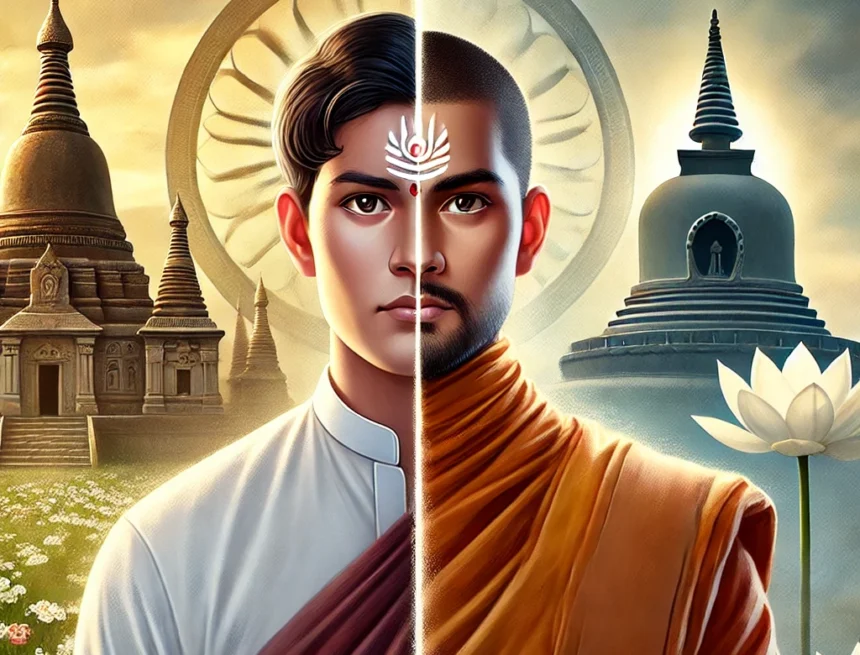 digital_image_illustrating_a_man_representing_his_Hindu_identity_and_the_other_his_Buddhist_identity Dalit, Hindu, Buddhist, identity, cultural, religious, split, dual, attire, symbolism, Ambedkar's Buddhist Conversion