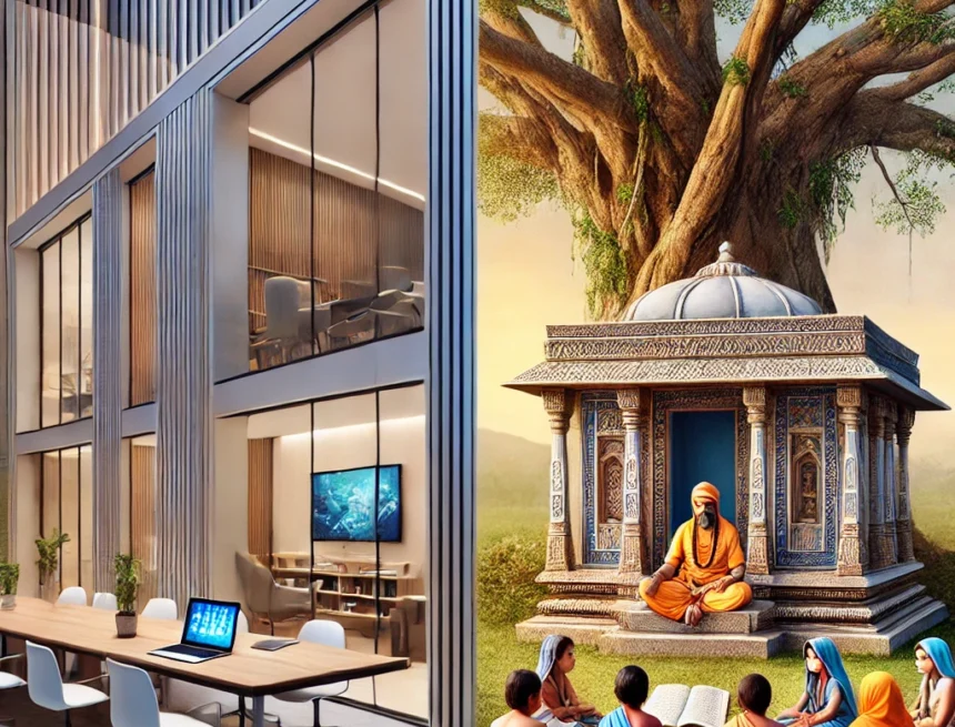 modern school, Gurukul, traditional education, high-tech classroom, minimalistic schooling, ancient teaching, contrast in education, Manusmriti Educational Guidelines