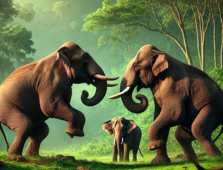 elephants, wildlife, nature, confrontation, aggression, savannah, female elephant, male elephants, animal behavior, tusks, Dattatreya and Guru Gaj