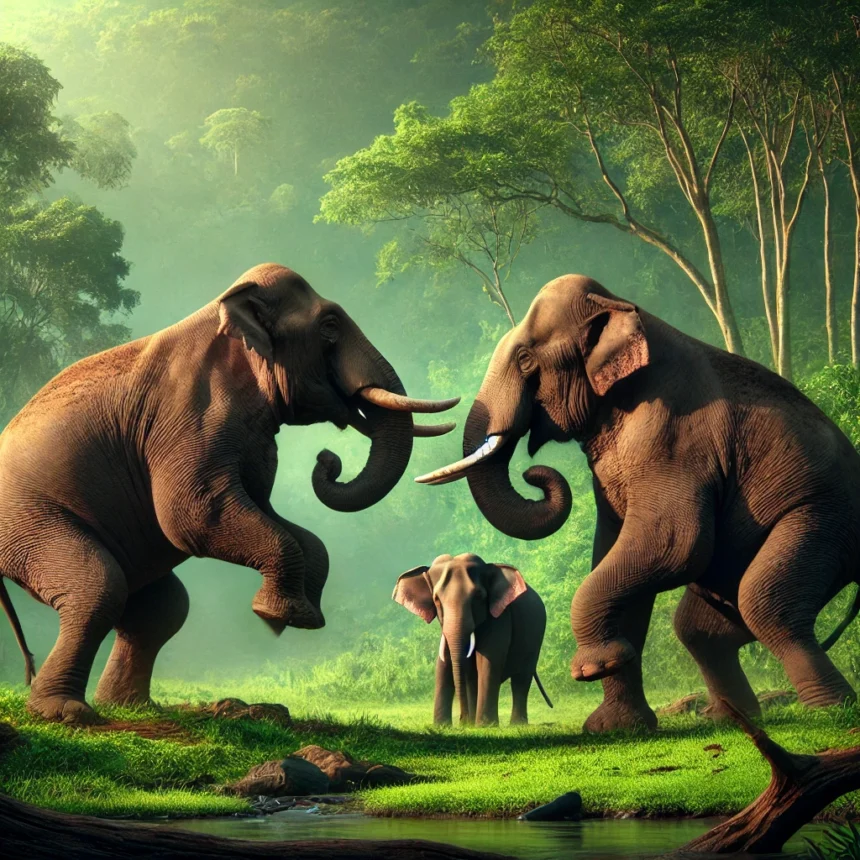 elephants, wildlife, nature, confrontation, aggression, savannah, female elephant, male elephants, animal behavior, tusks, Dattatreya and Guru Gaj