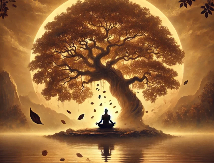 digital_image_representing_profound_theme_of_detachment_a_serene_meditative_figure_beneath_a_majestic_tree detachment, spiritual awakening, meditation, divine favor, self-discovery, Bhagwan Dattatreya, wisdom, peace, spiritual growth, enlightenment, Bhagwan Dattatreya's Wisdom Source