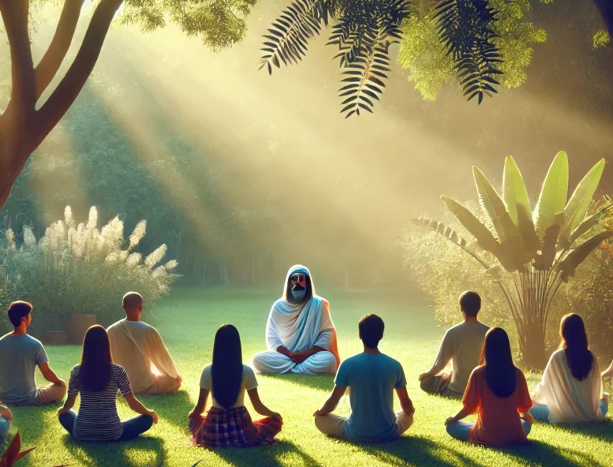 digital_image_showing_a_group_meditation_led_by_a_guru_in_a_serene_outdoor_setting group meditation, outdoor meditation, serene setting, spiritual guru, traditional attire, tranquil garden, sunlight filtering, peaceful atmosphere, diverse participants, meditation session, Yoga Mindfulness Practices