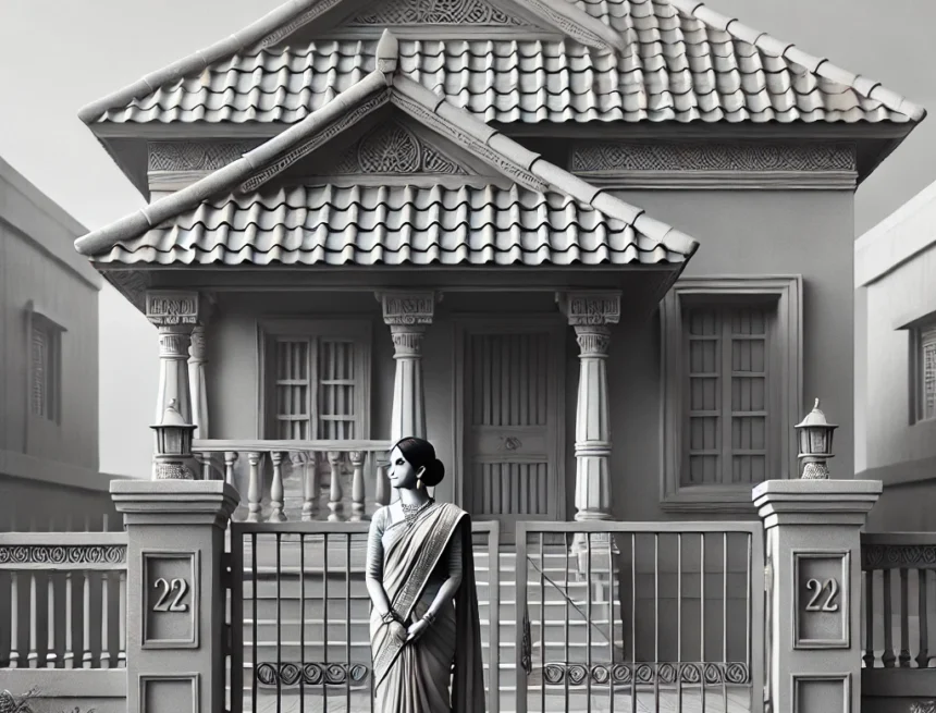 traditional Indian home, grayscale image, Pingla, cultural attire, anticipation, ornate architecture, wooden gate, serene, introspective, cultural heritage, ancient Indian setting, Bhagwan Dattatreya and Pingla