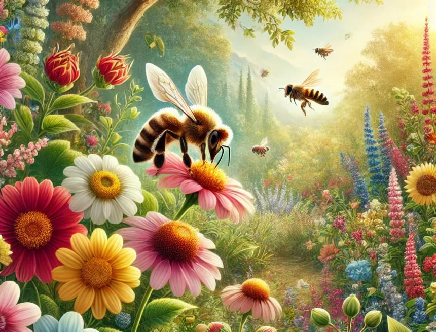 image_depicts_a_serene_natural_scene_with_a_honeybee_gathering_nectar_from_diverse_flowers_in_a_lush_garden honeybee, garden, nectar, flowers, biodiversity, sustainability, peacefulness, nature, Dattatreya and Gurus Bhonra